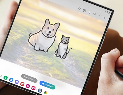 Person holding a Galaxy Z Fold6 with a sketch of a dog and cat and an option to Generate using Galaxy AI