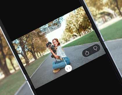 Galaxy Z Flip6 displaying a before and after picture of a girl holding a puppy while using the Galaxy Enhance-X app