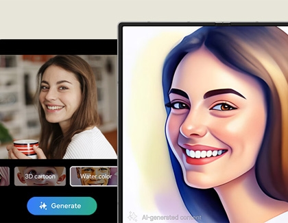 Galaxy Z Fold6 displaying an AI generated image of a Woman using the Water color effect