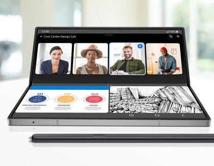 Galaxy Z Fold6 in Flex mode while displaying a video call, slideshow, and a sketch with an S Pen Fold Edition alongside it