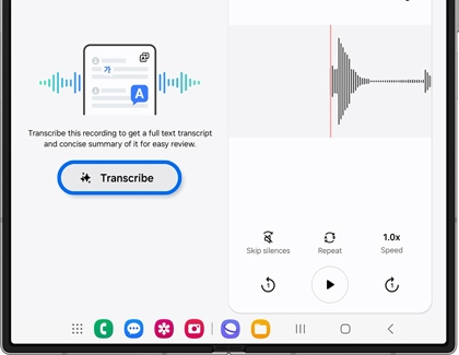 Transcribe button highlighted on the left side in the Voice Recorder app