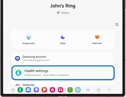 Health settings tab highlighted in the Galaxy Wearable app