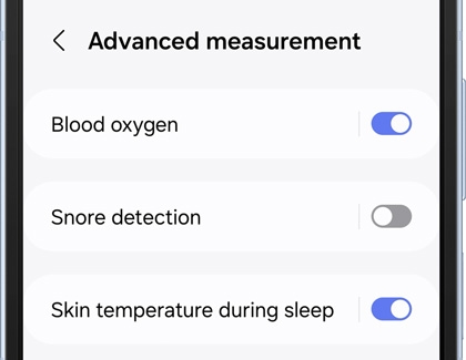 Advanced measurement settings displaying a list of settings such as Blood oxygen, Snore detection, and Skin temperature during sleep