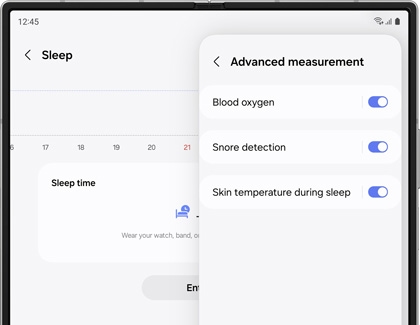 Advanced measurement menu displaying list of options such as Blood oxygen, Snore detection, and Skin temperature during sleep