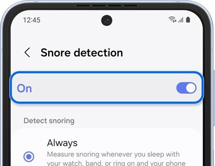 Snore detection settings screen with the switch highlighted and enabled