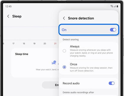 Snore detection menu with the switch highlighted and turned on