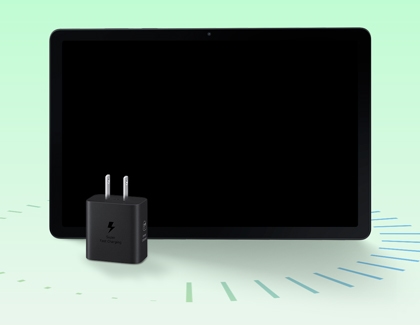 Black wall charger with a lightning bolt icon positioned in front of a Galaxy Tab A11 Plus screen.