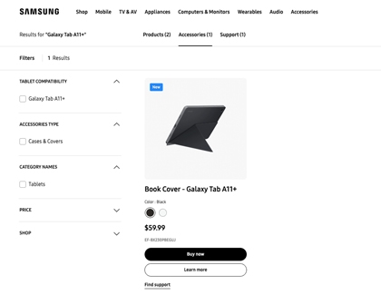 Samsung website product page for a black Galaxy Tab A11 Plus Book Cover priced at 59.99 dollars.