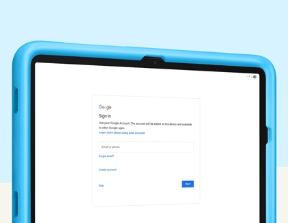 A blue Galaxy kids edition tablet showing a Google sign in screen.