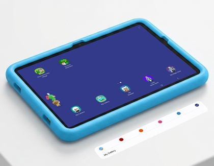 A blue Galaxy kids edition tablet showing the home screen with a color selection bar for the wallpaper.
