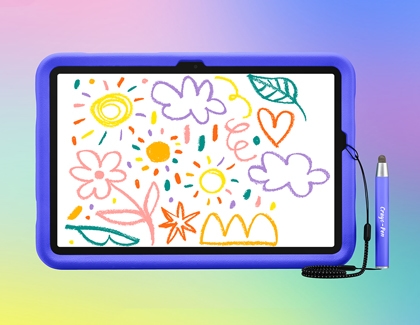 A blue Galaxy kids edition tablet with various colorful drawings on the screen next to a blue stylus.