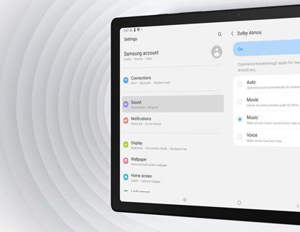 Galaxy Tab A8 with Dolby Atmos settings with sound wave in the background