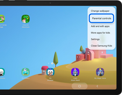 Parental controls highlighted in the More options of the Samsung Kids app