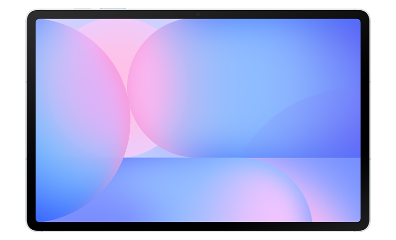 Front view of the Galaxy Tab S9 FE displaying a colorful gradient wallpaper.