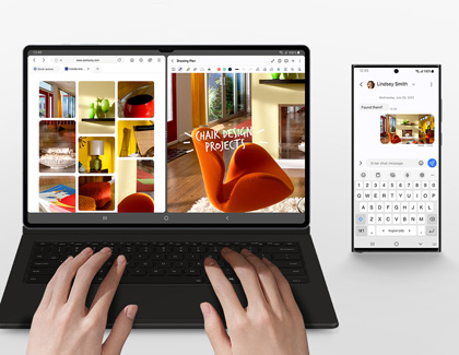 A person typing on a Galaxy Tab S10 Ultra while using the book cover keyboard with a Galaxy S24 Ultra alongside displaying messages