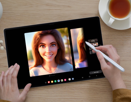 A person holding an S Pen while using Galaxy AI to edit a photo