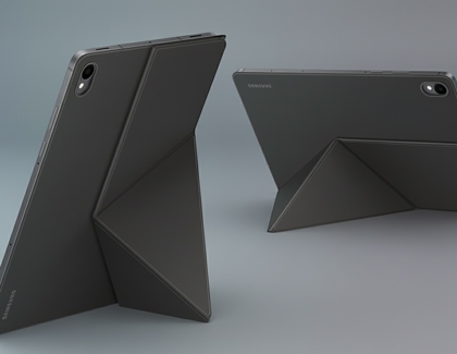 Two Galaxy Tab S11 Ultras supported by foldable book covers viewed from the back.