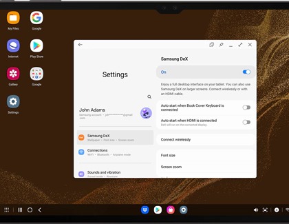 Samsung DeX settings on a Galaxy tablet