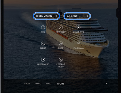 Bixby Vision and AR Zone highlighted in the More tab from the Camera app