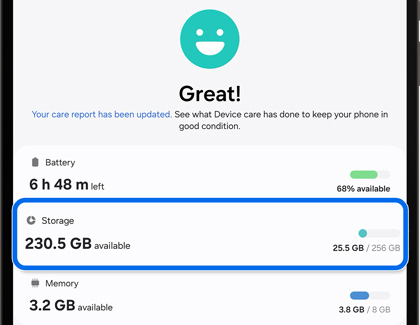 Storage highlighted in Battery and device care screen