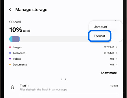 Format highlighted in Manage storage screen