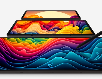 The Galaxy Tab S9 devices lined up side by side with a rainbow image on their screens