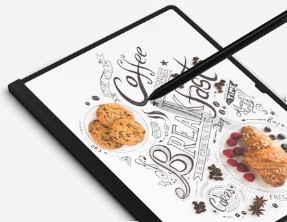 A drawing featuring food on a Galaxy Tab S9, with an S Pen touching the screen