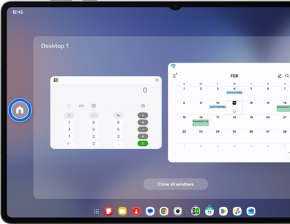Recent screen of a Galaxy Tablet showing Desktop 1 with a blue circle highlighting the home icon on the left edge.