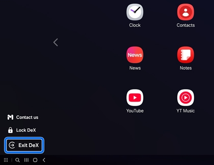 A monitor screen showing the Exit DeX option highlighted by a blue rounded box in the bottom left corner.
