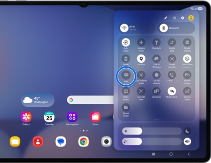A Galaxy tablet showing the quick settings panel with the DeX icon highlighted by a blue circle.