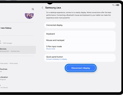 A Galaxy tablet showing the Samsung DeX settings screen with a blue rounded box highlighting the Disconnect display button at the bottom.
