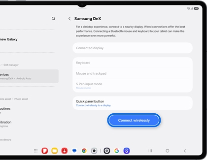 A Galaxy tablet showing the Samsung DeX settings page with the Connect wirelessly button highlighted by a blue rounded box.