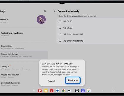 A Galaxy tablet showing a pop up message to start Samsung DeX on a QLED TV with the Start now button highlighted by a blue rounded box.