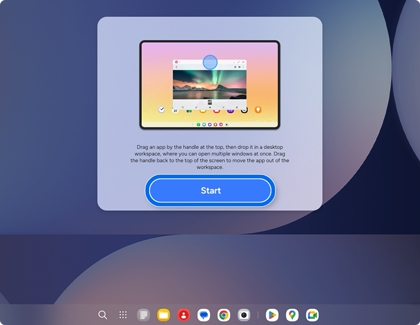 A monitor screen showing a DeX mode tutorial popup with a blue Start button.