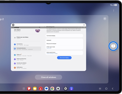 A Galaxy tablet screen in DeX mode with a blue circle highlighting the monitor plus icon on the right edge to create a new workspace.
