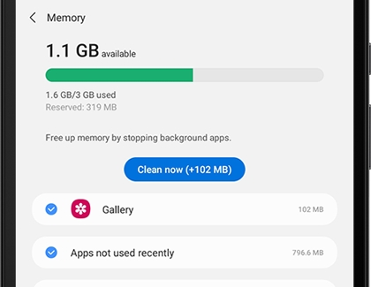 List of Memory information and Clean now displayed on a Galaxy tablet