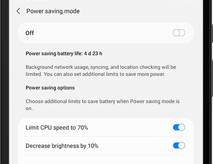 List of Power saving mode settings on a Galaxy tablet