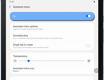 Assistant menu settings on a Galaxy tablet