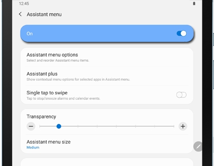 Assistant menu settings on a Galaxy tablet