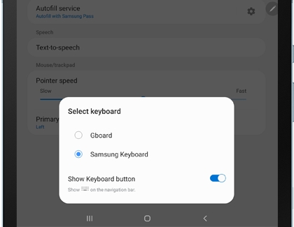 Samsung keyboard chosen under Select keyboard on a Galaxy tablet