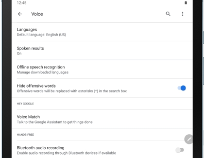 Google voice settings menu on a Galaxy tablet