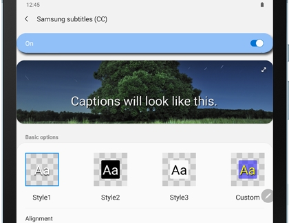 Samsung subtitles settings menu on a Galaxy tablet