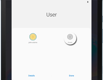 Add a user screen with Guest highlighted on a Galaxy tablet