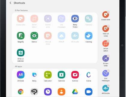 A list of apps under Shortcuts on a Galaxy tablet