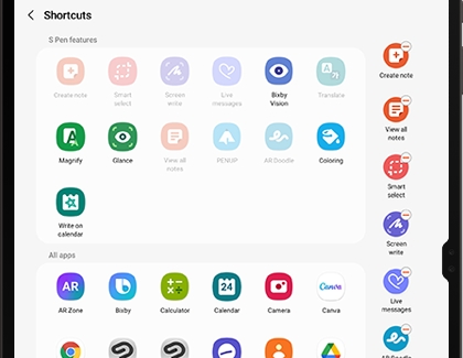 A list of apps under Shortcuts on a Galaxy tablet