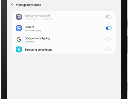 Gboard selected under Manage keyboards on a Galaxy tablet