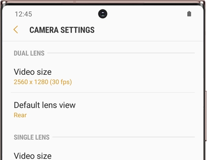 A list of Video camera settings on the Gear 360 app