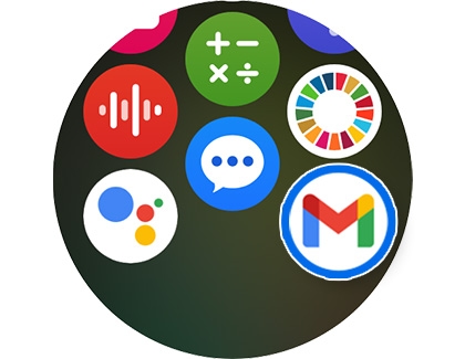Gmail app highlighted on the home screen of a Galaxy Watch