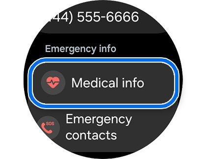 Medical info button highlighted in Emergency info on a Galaxy Watch