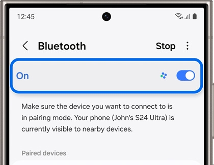 The switch for Bluetooth highlighted and activated in Bluetooth settings on a Galaxy phone